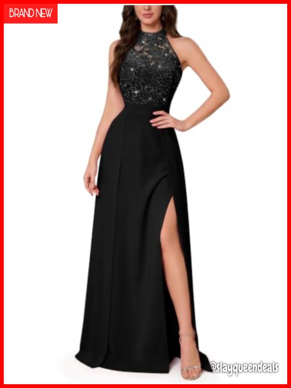 A-Line Halter Sequin Lace High Split Chiffon Bridesmaid Gown